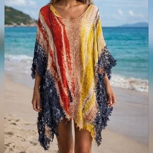 Letarte Handmade Red, Yellow, and Blue Women's Hooded Poncho